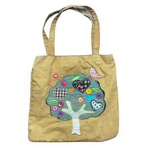 Vtg Tan Canvas Tree Bird Embroidered Tote Bag Patchwork Y2K Boho Twee Fairy‎